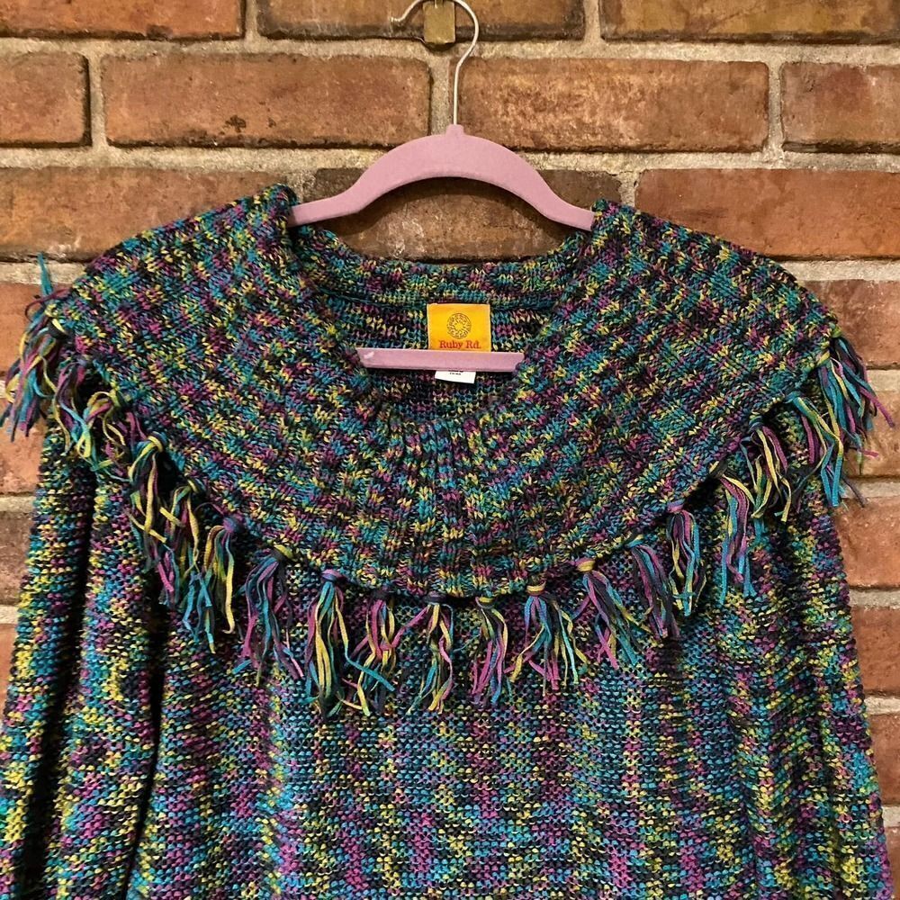 𝅺Ruby Rd Multicolor Layered Neck Top with Fringe Large - Picture 4 of 10